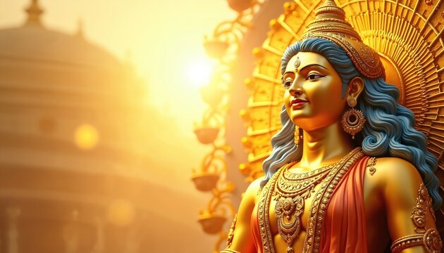 Lord Surya golden statue, blue hairs, Indian god of sun, light. Hindu deity in temple. God with crown, earrings, necklace. Hinduism religious traditions, celebration background. Diwali, pongal