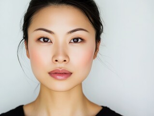Elegant Asian woman with delicate skin and natural makeup, gazing at the camera, close-up portrait emphasizing skin tone and facial features, perfect for skincare advertising.