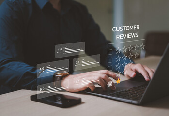 Select a 1-star rating in the virtual touchscreen survey. Bad Review, Bad Service, Dislike, Bad Quality, Low Rating, Customer Feedback, Negative Customer Experience with the Service.