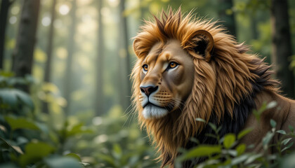 Fototapeta premium portrait of a lion, Lion with Majestic Mane in Forest Setting