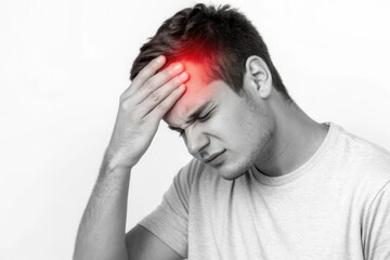 Fototapeta premium A Portrait of a Young Man Experiencing Headache, Struggling with Pain and Discomfort