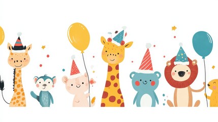 Obraz premium A vibrant scene unfolds with a towering giraffe facing right beside a majestic lion. Nearby, a playful bear and curious monkey accompany an adorable bear cub exploring their surroundings. Dynamic inte