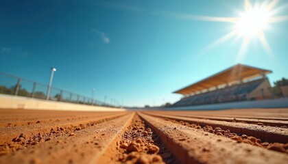 Sunny day on dirt race track shows grandstand under clear blue sky. Blend nature, sport at vivid setting. Sport event for motor racing, rallying, speedway with adrenalin.
