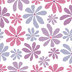 Retro modern purple and pink flowers seamless pattern, groovy wallpapers, matisse paper art