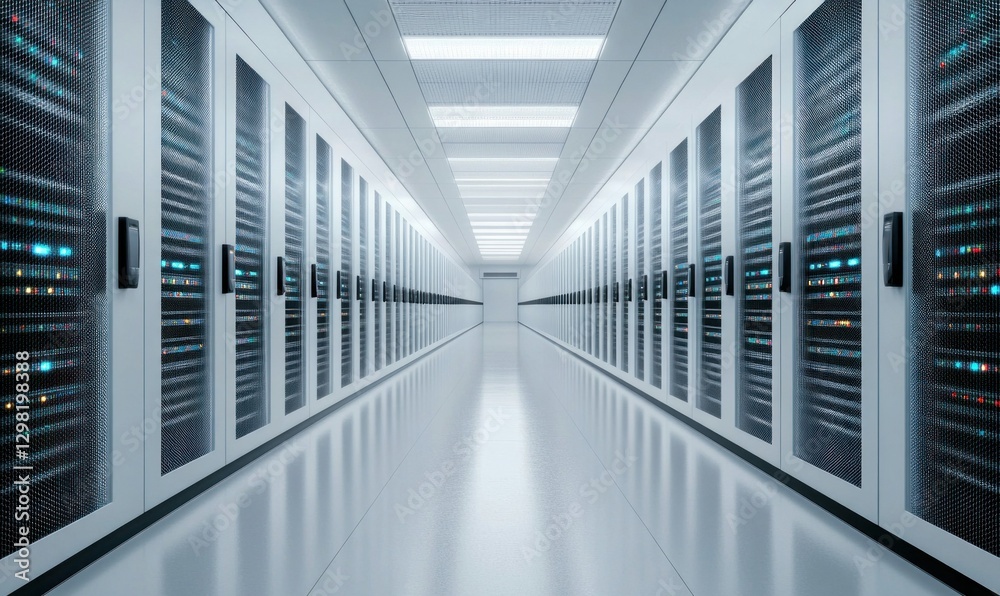 Poster modern data center with rows of server racks
