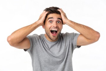 Surprising Joyful Reaction of a Young Man Expressing Excitement and Happiness with Raised Hands