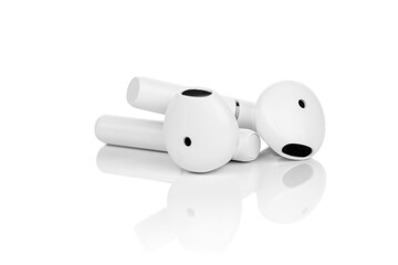 White headphones wireless earphones isolated on white background with clipping path.
