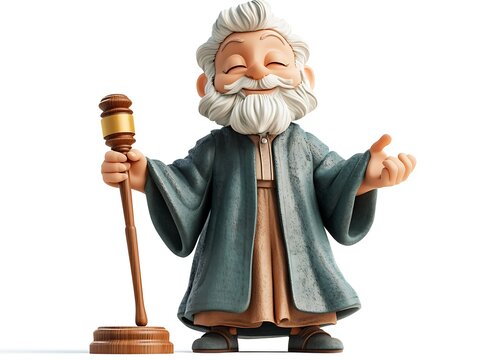 Wise old man with gavel cartoon style studio setting whimsical vibe