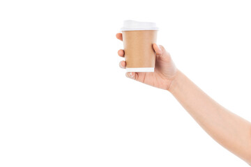 Woman hand holding coffee paper drinking cup with disposable top cap isolated on white background with clipping path.