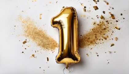 Gold balloon number 1 for first birthday or anniversary party. White background with confetti