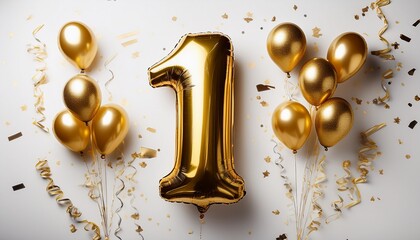 Gold balloon number 1 for first birthday or anniversary party. White background with confetti