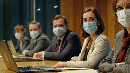 Business team in masks engages in essential meeting at modern office environment, business team using protective masks at a meeting in a coworking center