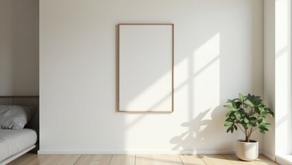 Remodeling. Minimalist empty beige wall with wooden frame and green pl