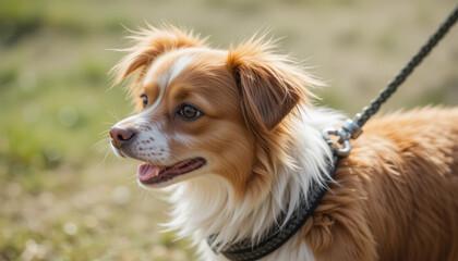 golden retriever portrait, Dog on Blue Leash Standing on Paved Path in Park