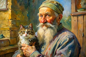 Man is holding a cat. Watercolor. Portrait. Painting. Picture
