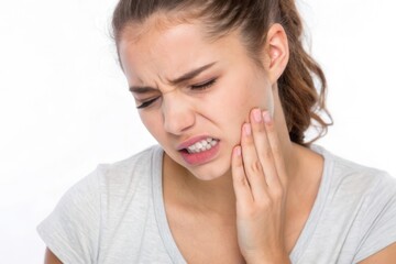 Woman Gripping Her Jaw in Pain: A Close-Up on Discomfort and Strain Expression