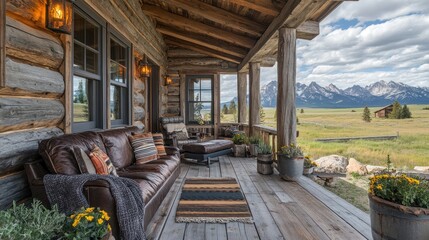 Rustic log cabin porch overlooking Montana mountains