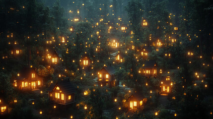 Naklejka premium Suburban houses at night illuminated by glowing data streams symbolize digital connectivity modern technology invisible networks and smart home integration in contemporary life.