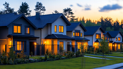Suburban houses at night illuminated by glowing data streams symbolize digital connectivity modern technology invisible networks and smart home integration in contemporary life.

