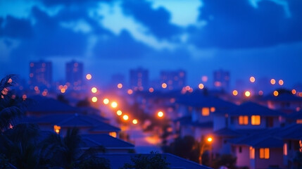 Fototapeta premium Suburban houses at night illuminated by glowing data streams symbolize digital connectivity modern technology invisible networks and smart home integration in contemporary life.
