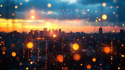 Fototapeta premium Suburban houses at night illuminated by glowing data streams symbolize digital connectivity modern technology invisible networks and smart home integration in contemporary life.