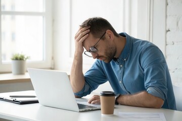 Fototapeta premium Frustrated Professional Struggles with Work at a Sunlit Desk with Coffee Cup and Laptop