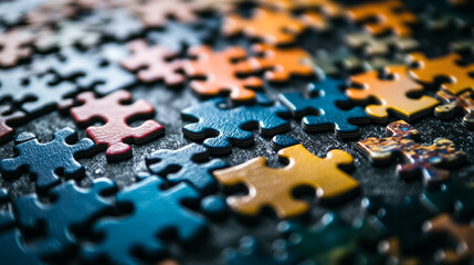 Colorful jigsaw puzzle pieces close up detailed view abstract background red top game blue dark brown