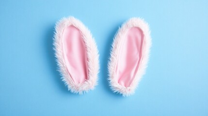 Easter bunny ears on a blue background, top view. Flat lay with copy space for text. Easter concept.