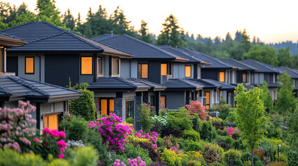 Suburban houses at night illuminated by glowing data streams symbolize digital connectivity modern technology invisible networks and smart home integration in contemporary life.


