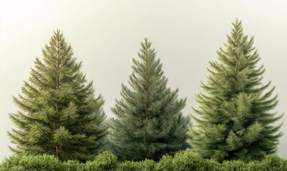 Obraz premium Three Majestic Christmas Trees: Capturing the essence of the holiday season. A trio of meticulously arranged pine trees on a grassy lawn.