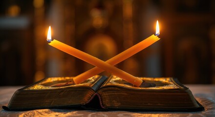 Crossed candles on open book, symbolizing religious faith or prayer