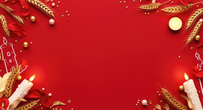 Festive red background with candles, wheat, and gold ornaments, symbolizing holiday celebration