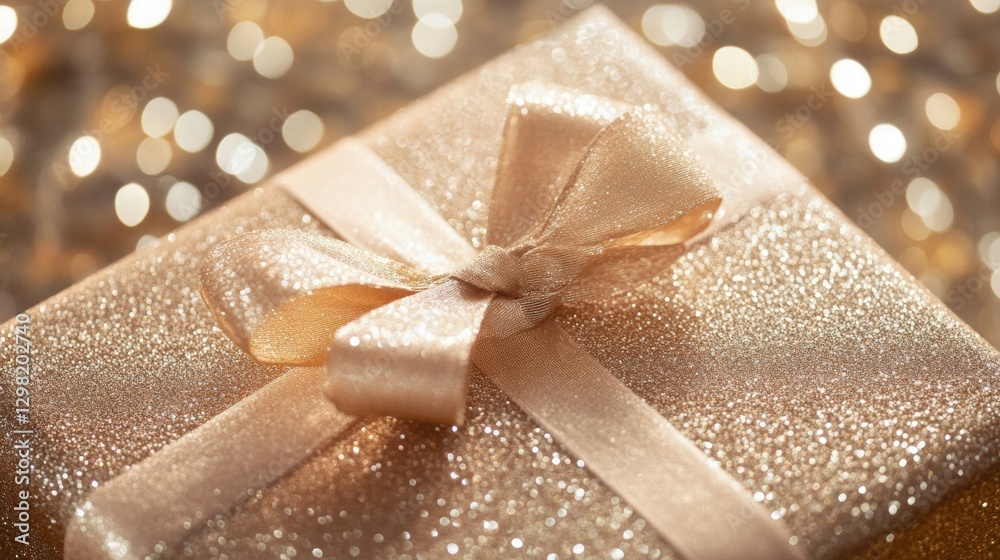 Poster Shimmering golden gift box with ribbon on sparkling background celebrating special occasions such as birthdays and holidays. Generative AI
