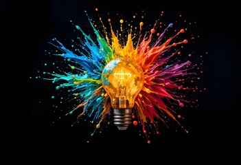 A single light bulb floats in mid-air, surrounded by splashes of vibrant paint against a dark...