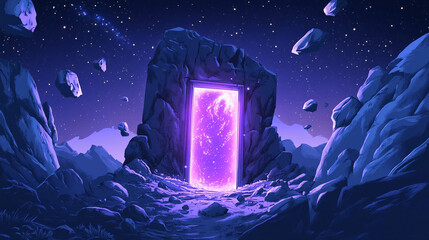 Mystical purple portal in a starry night landscape with rocks art door dark path stars space scene