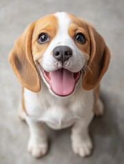 Portrait of beagle puppy dog sit and smile cheerful