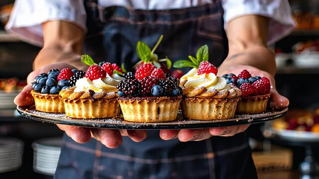 male baker holding a bowl with cakes on the background of the bakery