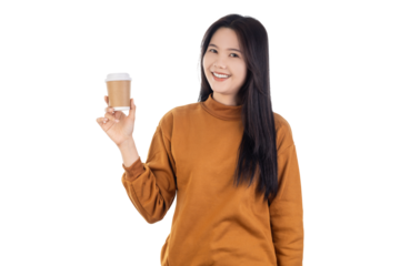 Young Asian woman holding brown coffee paper drinking cup isolated on white background with clipping path.