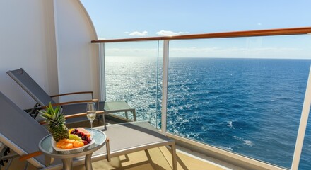 Obraz premium Scenic ocean view from cruise ship balcony with deck chairs, table, drinks, and fresh fruit