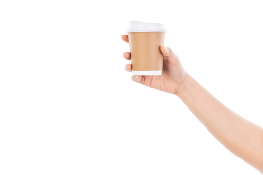 Woman hand holding coffee paper drinking cup with disposable top cap isolated on white background with clipping path.