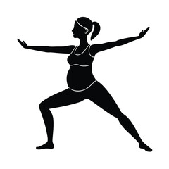 Focused pregnant woman performing prenatal yoga in warrior pose silhouette