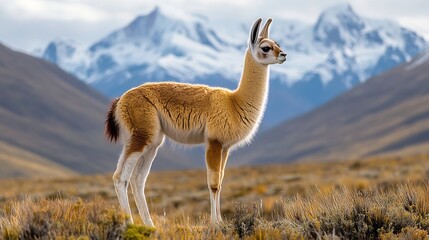 Graceful Vicuna standing in the high altitude Andes its slender form covered in soft golden fur snow capped mountains stretching behind it