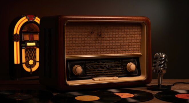 Vintage radio with vinyl records and microphone, retro music theme, nostalgic setup