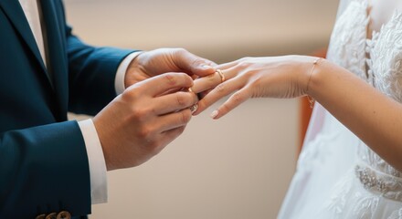 Close-up of groom placing ring on bride's finger at wedding