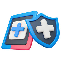 Obraz premium A colorful 3D representation of a shield and a card, both featuring a white cross symbol, symbolizing protection and health.