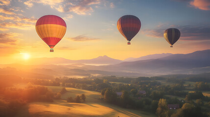 Obraz premium Hot air balloons floating over scenic valley at sunrise, with warm glow illuminating landscape and mountains in background