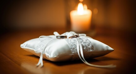 Two wedding rings on lace pillow beside lit candle