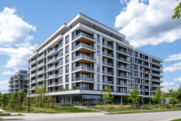 Modern Residential Building with Trees and Blue Sky Setting