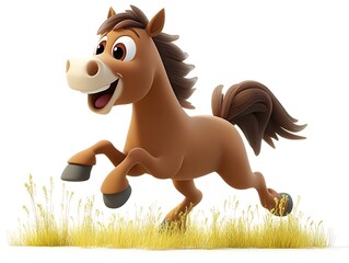 Playful cartoon horse running in a field animated cheerful atmosphere