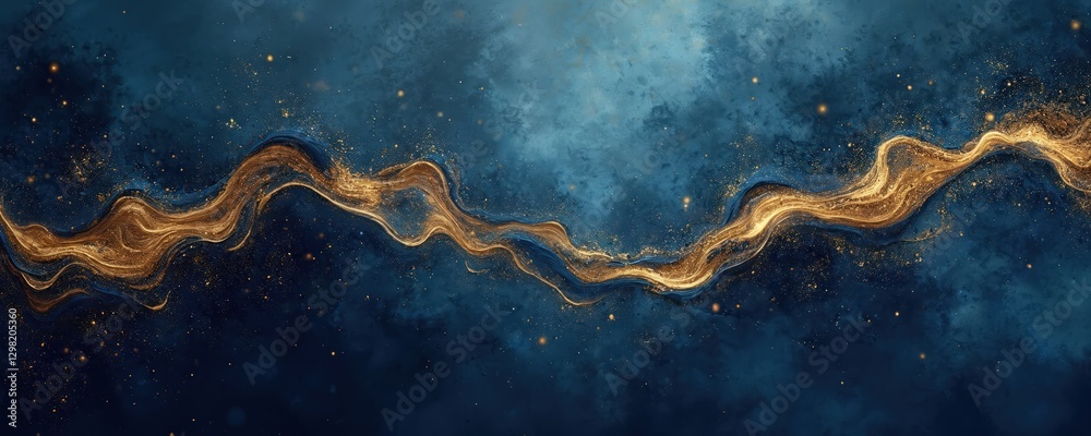 Poster dark blue, gold abstract panoramic background illustration. golden curve with sparkles on deep blue 